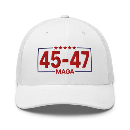 Trump 45-47 MAGA Embroidered Mesh Trucker Hat White