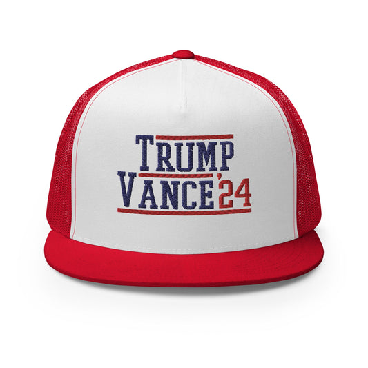 Trump JD Vance 2024 Flat Bill Trucker Hat Red White Red