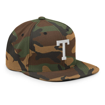 Tulsa Letter T Varsity Letterman Block Snapback Hat Green Camo