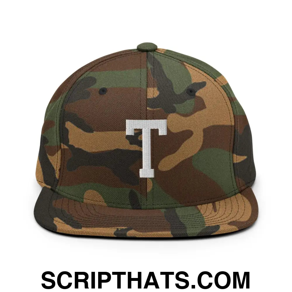 Tulsa Letter T Varsity Letterman Block Snapback Hat Green Camo