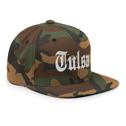 Tulsa OG Old English Snapback Hat Green Camo