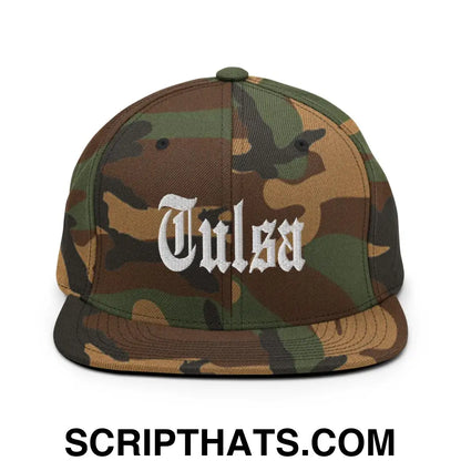 Tulsa OG Old English Snapback Hat Green Camo