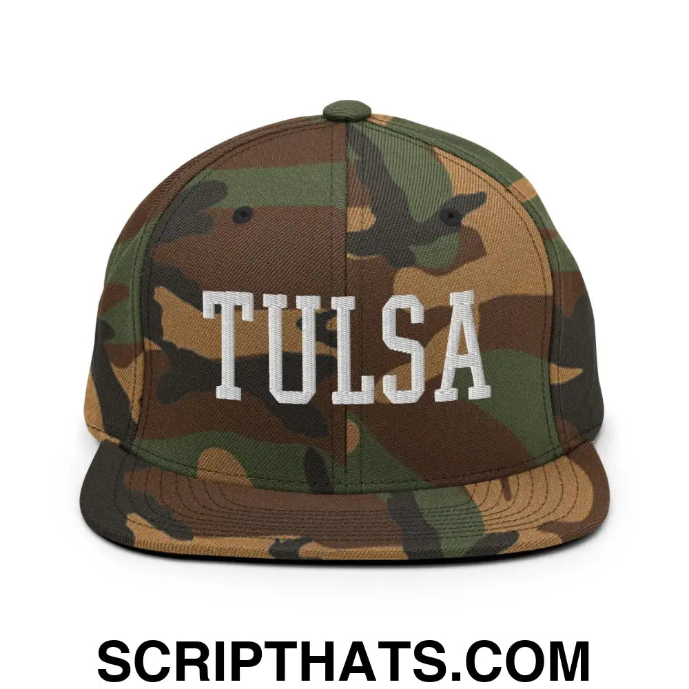 Tulsa Varsity Letterman Block Snapback Hat Green Camo