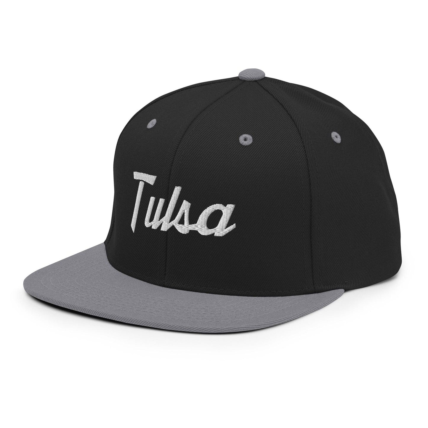 Tulsa Vintage Sports Script Snapback Hat Black Silver