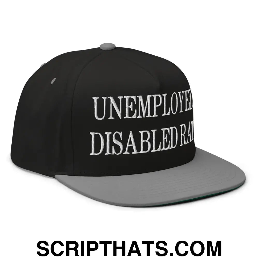 Unemployed Disabled Rat Embroidered 5 Panel Flat Bill Brim Snapback Hat Black Grey