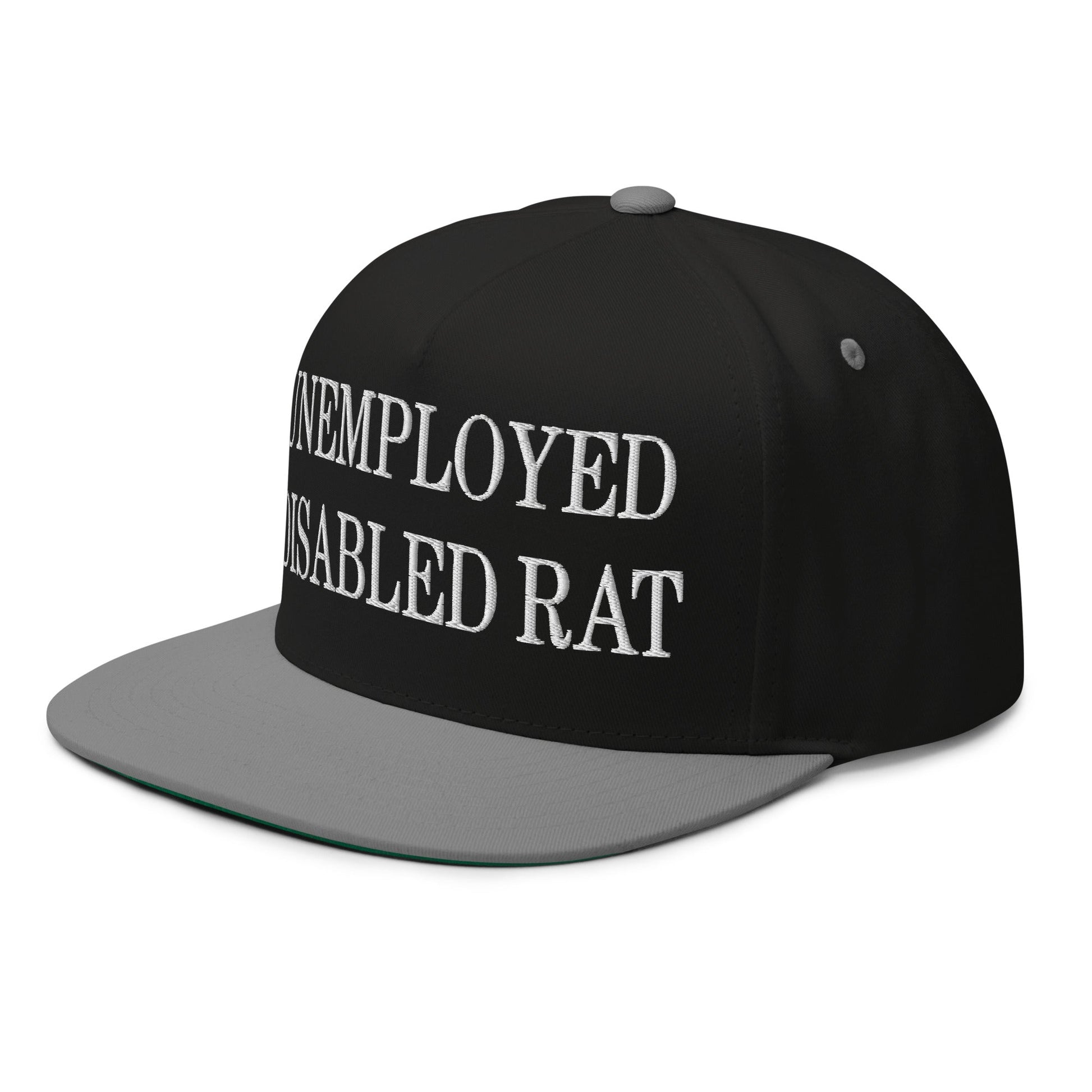 Unemployed Disabled Rat Embroidered 5 Panel Flat Bill Brim Snapback Hat Black Grey