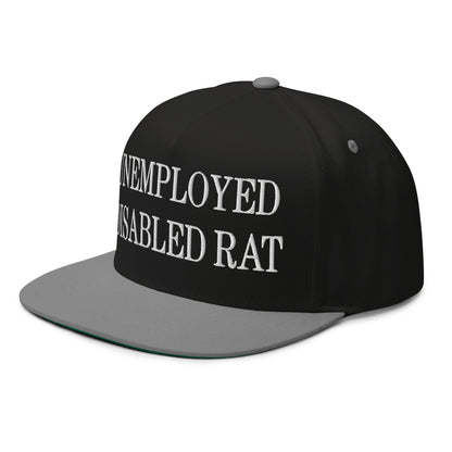 Unemployed Disabled Rat Embroidered 5 Panel Flat Bill Brim Snapback Hat Black Grey