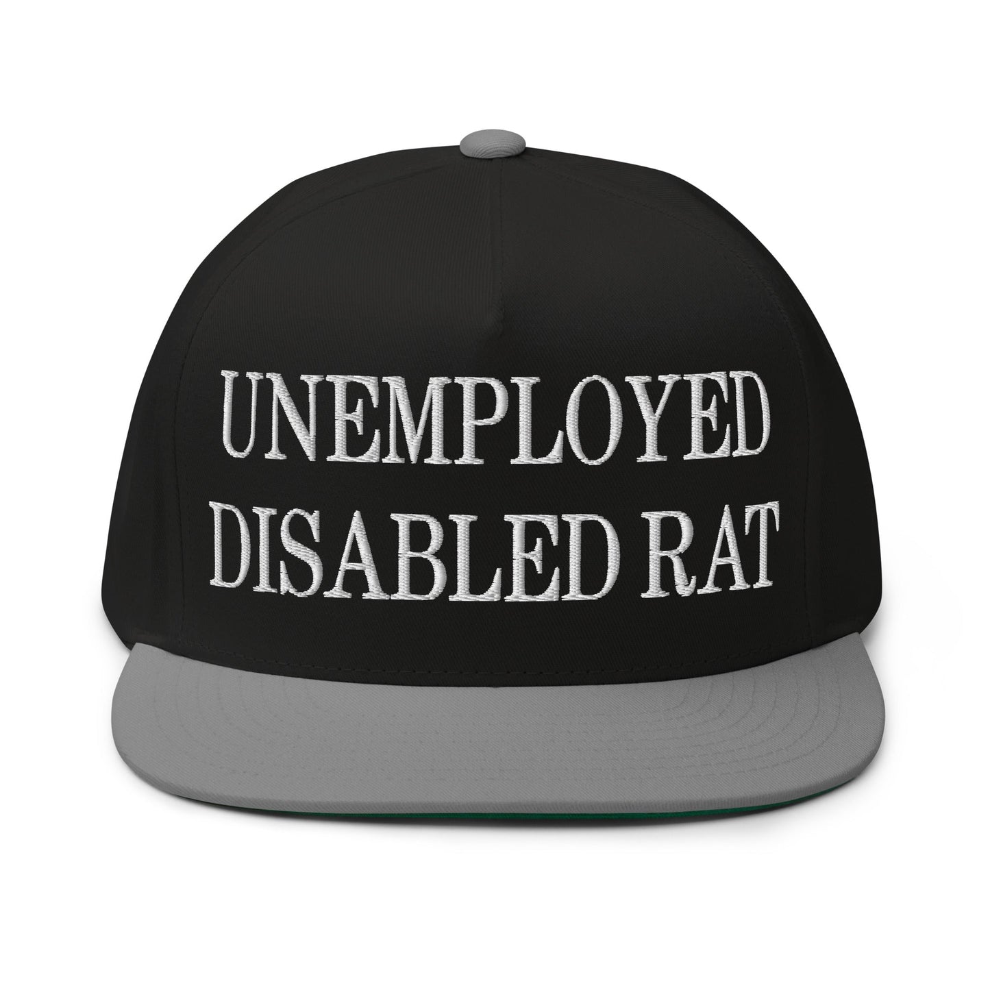 Unemployed Disabled Rat Embroidered 5 Panel Flat Bill Brim Snapback Hat Black Grey