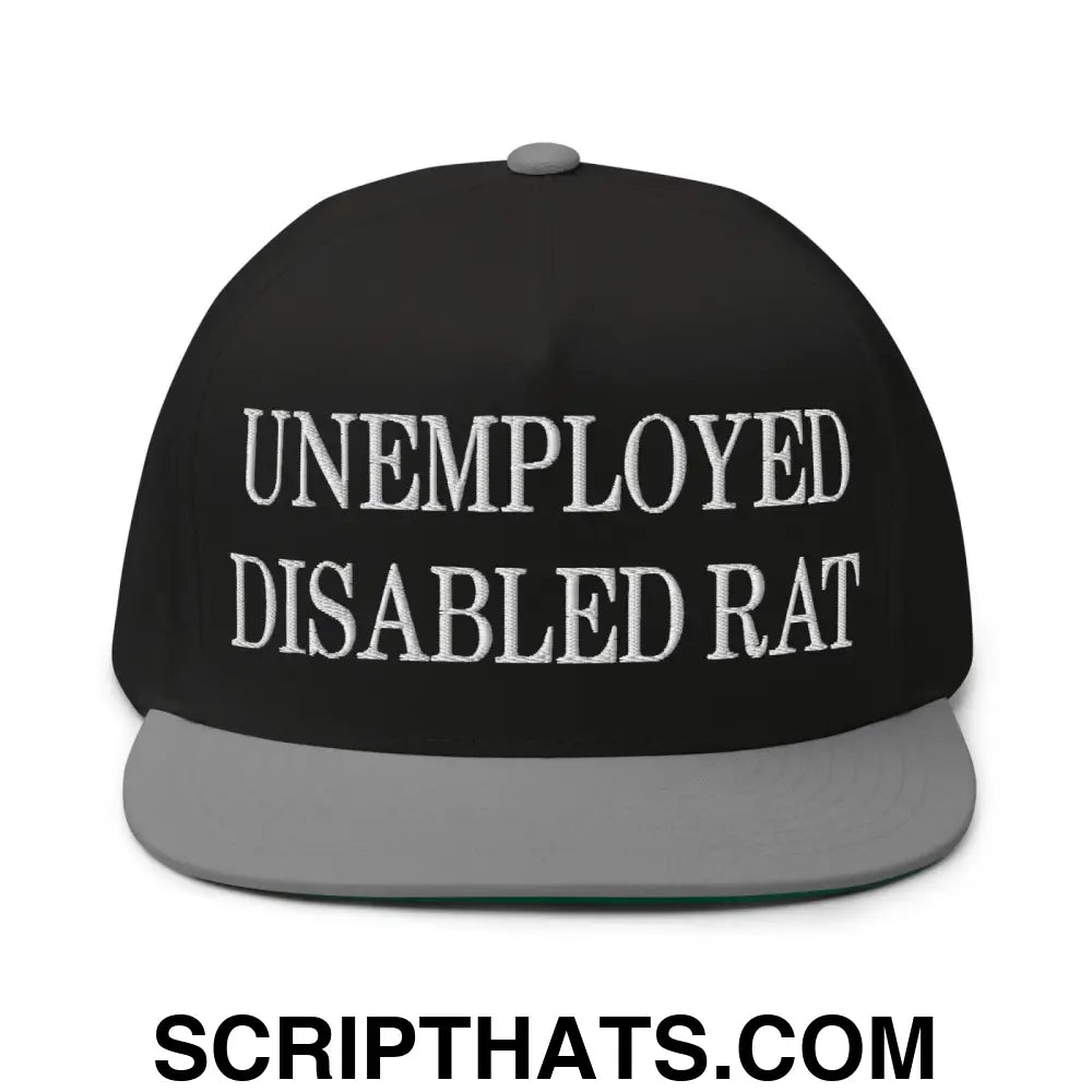 Unemployed Disabled Rat Embroidered 5 Panel Flat Bill Brim Snapback Hat Black Grey