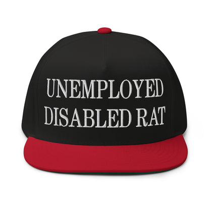 Unemployed Disabled Rat Embroidered 5 Panel Flat Bill Brim Snapback Hat Black Red