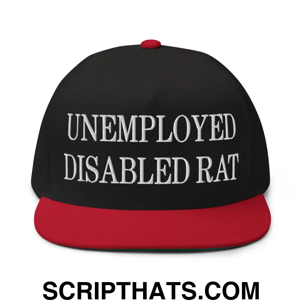 Unemployed Disabled Rat Embroidered 5 Panel Flat Bill Brim Snapback Hat Black Red