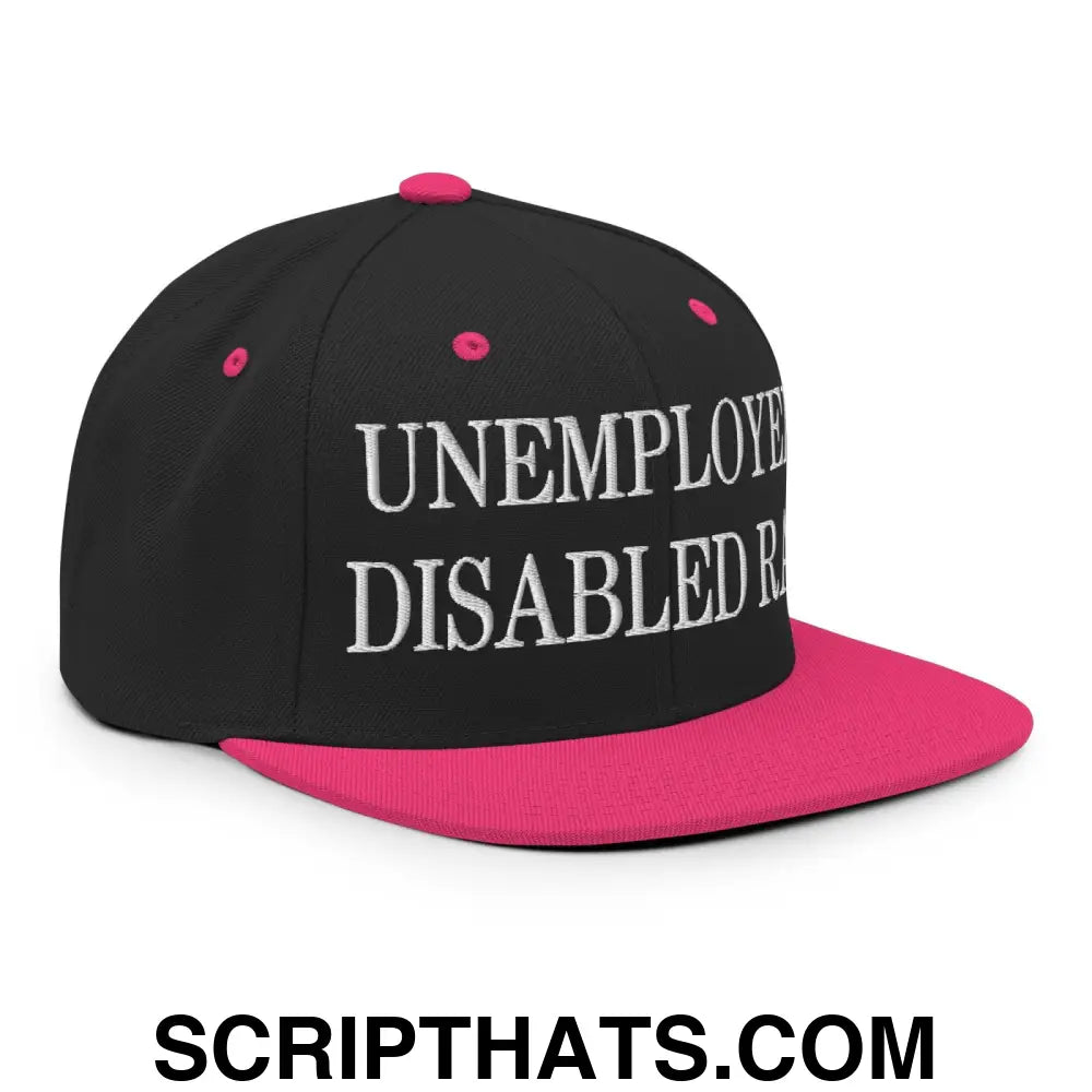 Unemployed Disabled Rat Embroidered Flat Bill Brim Snapback Hat Black Neon Pink