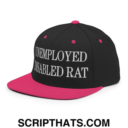 Unemployed Disabled Rat Embroidered Flat Bill Brim Snapback Hat Black Neon Pink