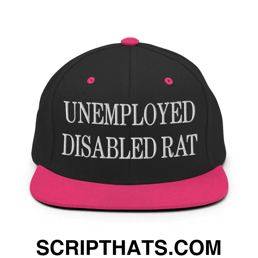 Unemployed Disabled Rat Embroidered Flat Bill Brim Snapback Hat Black Neon Pink