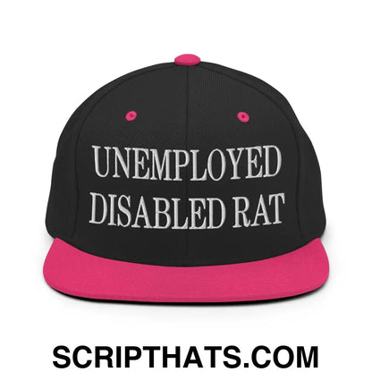 Unemployed Disabled Rat Embroidered Flat Bill Brim Snapback Hat Black Neon Pink