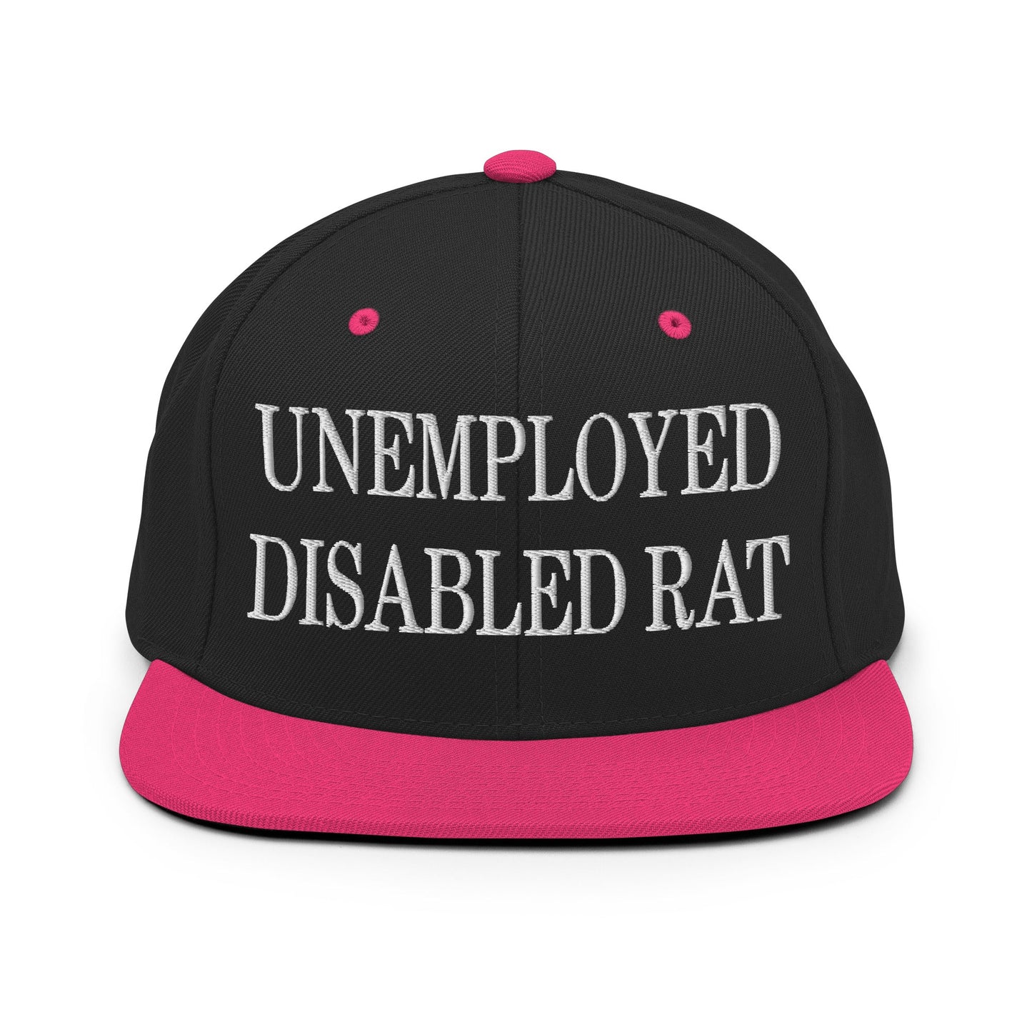 Unemployed Disabled Rat Embroidered Flat Bill Brim Snapback Hat Black Neon Pink