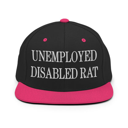 Unemployed Disabled Rat Embroidered Flat Bill Brim Snapback Hat Black Neon Pink