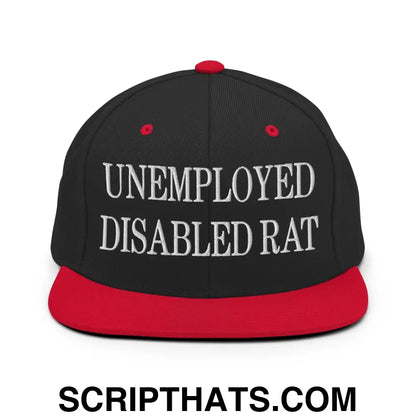 Unemployed Disabled Rat Embroidered Flat Bill Brim Snapback Hat Black Red