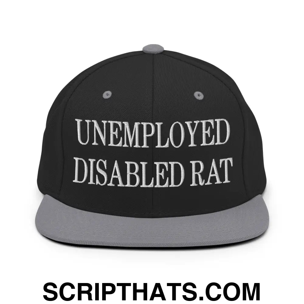 Unemployed Disabled Rat Embroidered Flat Bill Brim Snapback Hat Black Silver