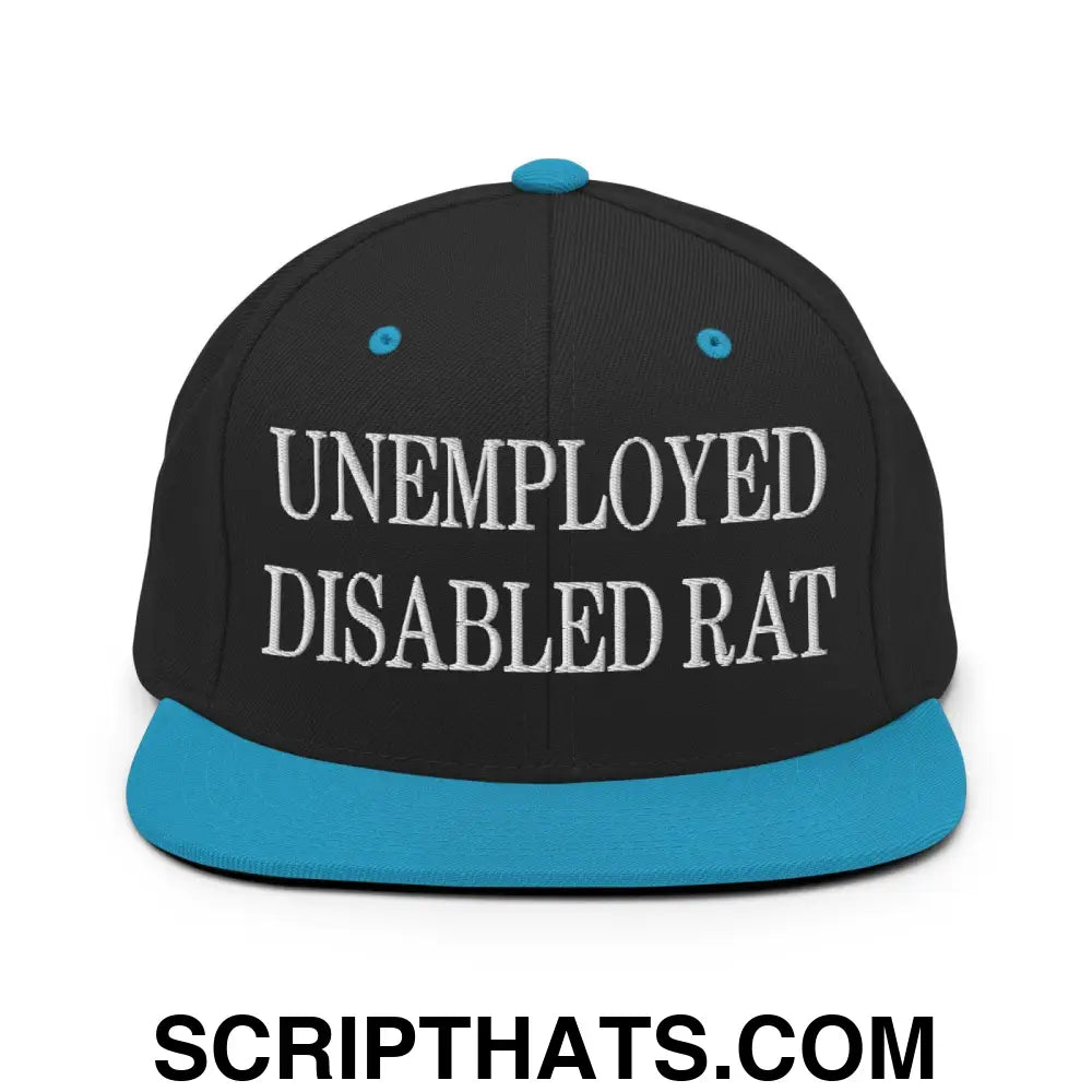 Unemployed Disabled Rat Embroidered Flat Bill Brim Snapback Hat Black Teal