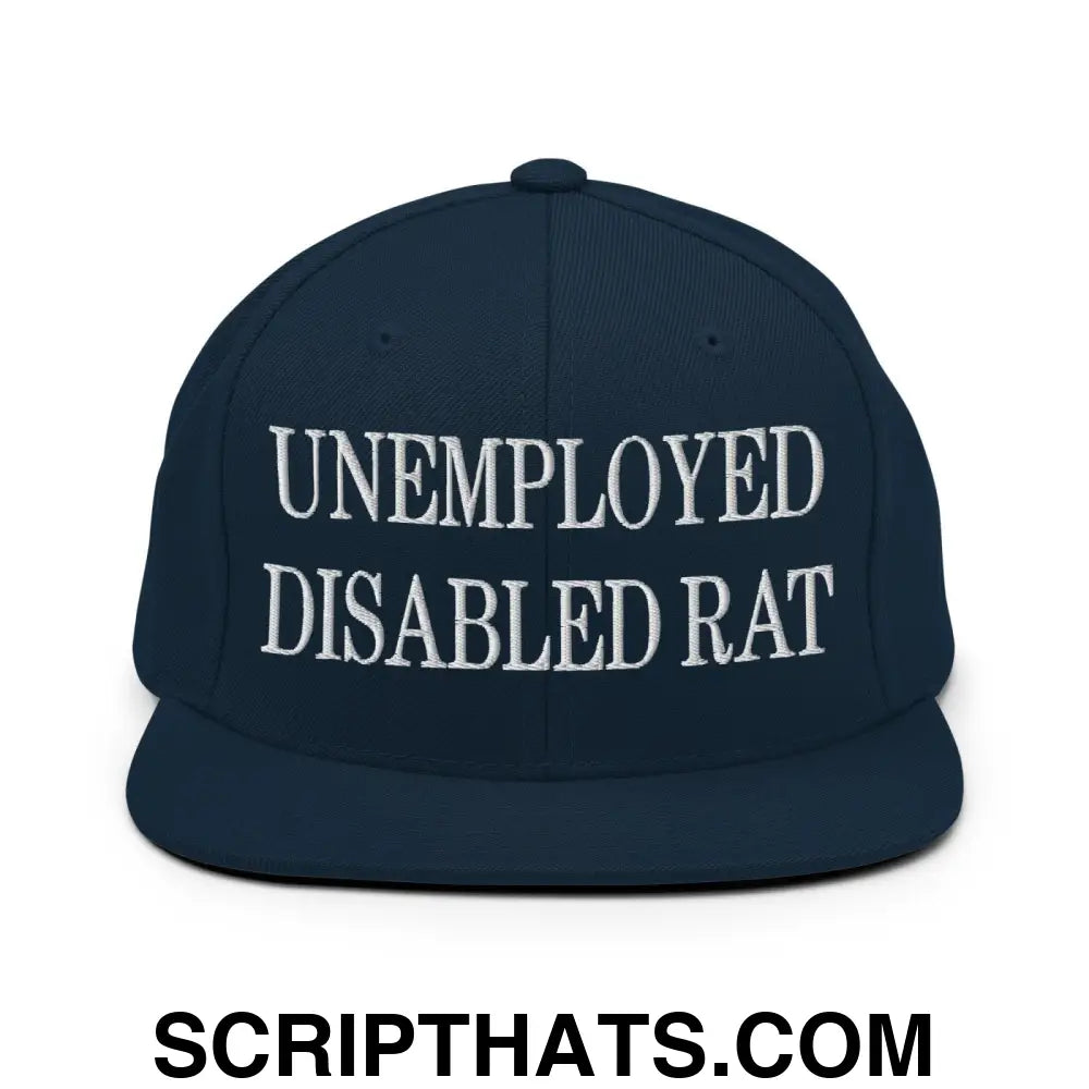 Unemployed Disabled Rat Embroidered Flat Bill Brim Snapback Hat Dark Navy