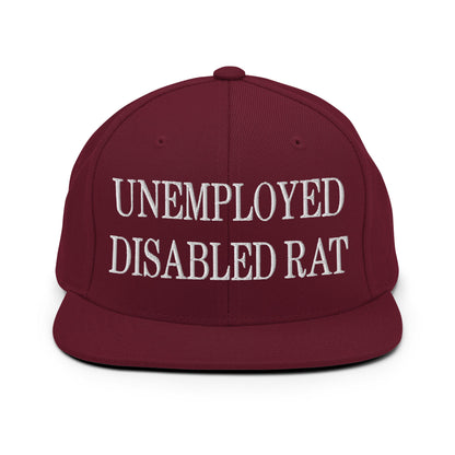 Unemployed Disabled Rat Embroidered Flat Bill Brim Snapback Hat Maroon