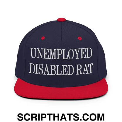 Unemployed Disabled Rat Embroidered Flat Bill Brim Snapback Hat Navy Red