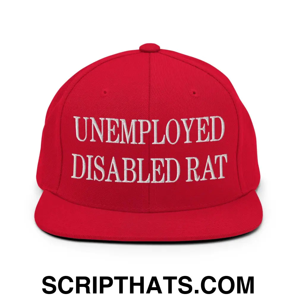 Unemployed Disabled Rat Embroidered Flat Bill Brim Snapback Hat Red