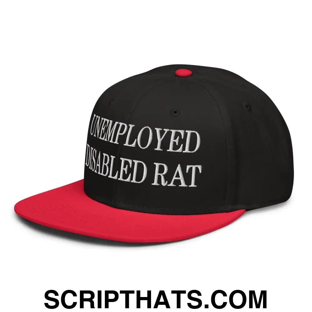 Unemployed Disabled Rat Embroidered Flat Brim Bill Snapback Hat Red Black Black