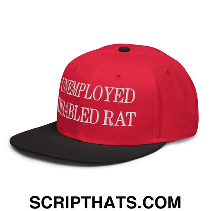 Unemployed Disabled Rat Embroidered Flat Brim Bill Snapback Hat Black Red Red