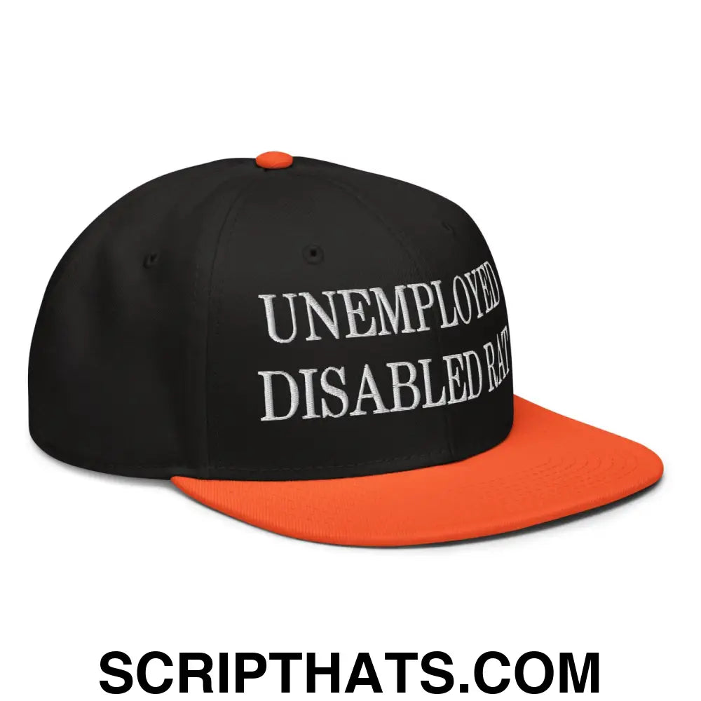 Unemployed Disabled Rat Embroidered Flat Brim Bill Snapback Hat Orange Black Black