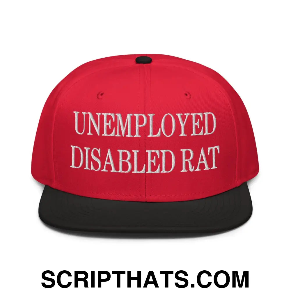 Unemployed Disabled Rat Embroidered Flat Brim Bill Snapback Hat Black Red Red