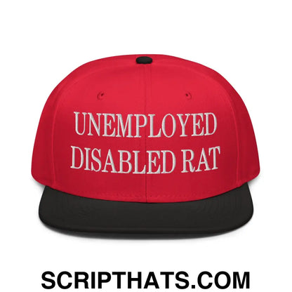 Unemployed Disabled Rat Embroidered Flat Brim Bill Snapback Hat Black Red Red