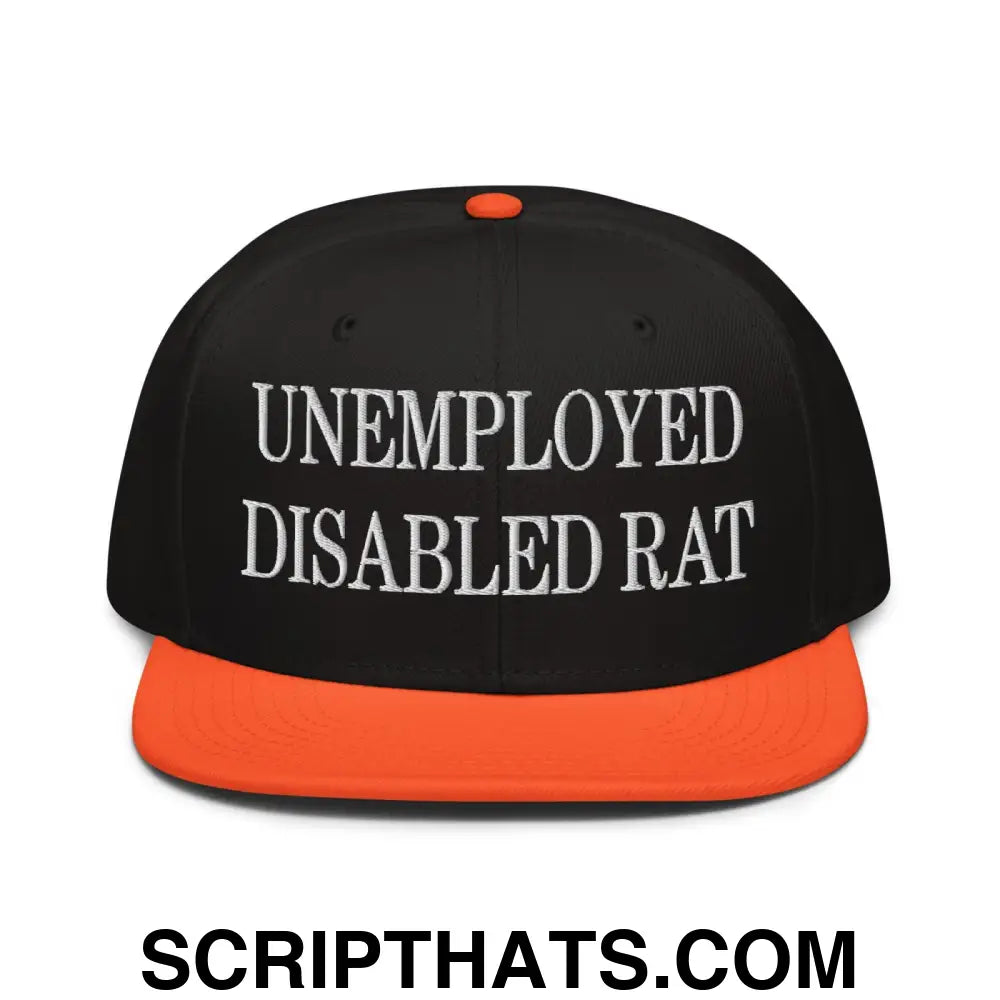 Unemployed Disabled Rat Embroidered Flat Brim Bill Snapback Hat Orange Black Black