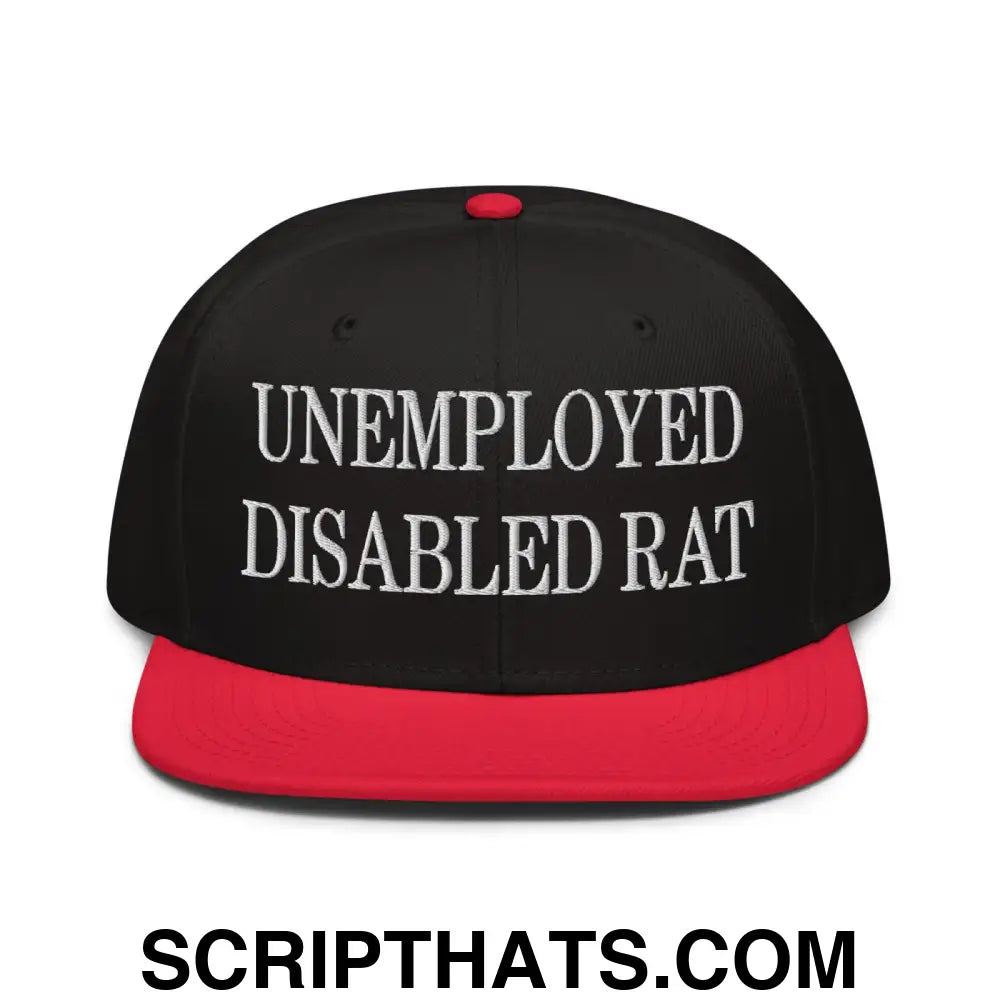 Unemployed Disabled Rat Embroidered Flat Brim Bill Snapback Hat Red Black Black