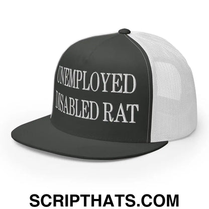 Unemployed Disabled Rat Embroidered Mesh Flat Bill Brim Trucker Hat Charcoal White