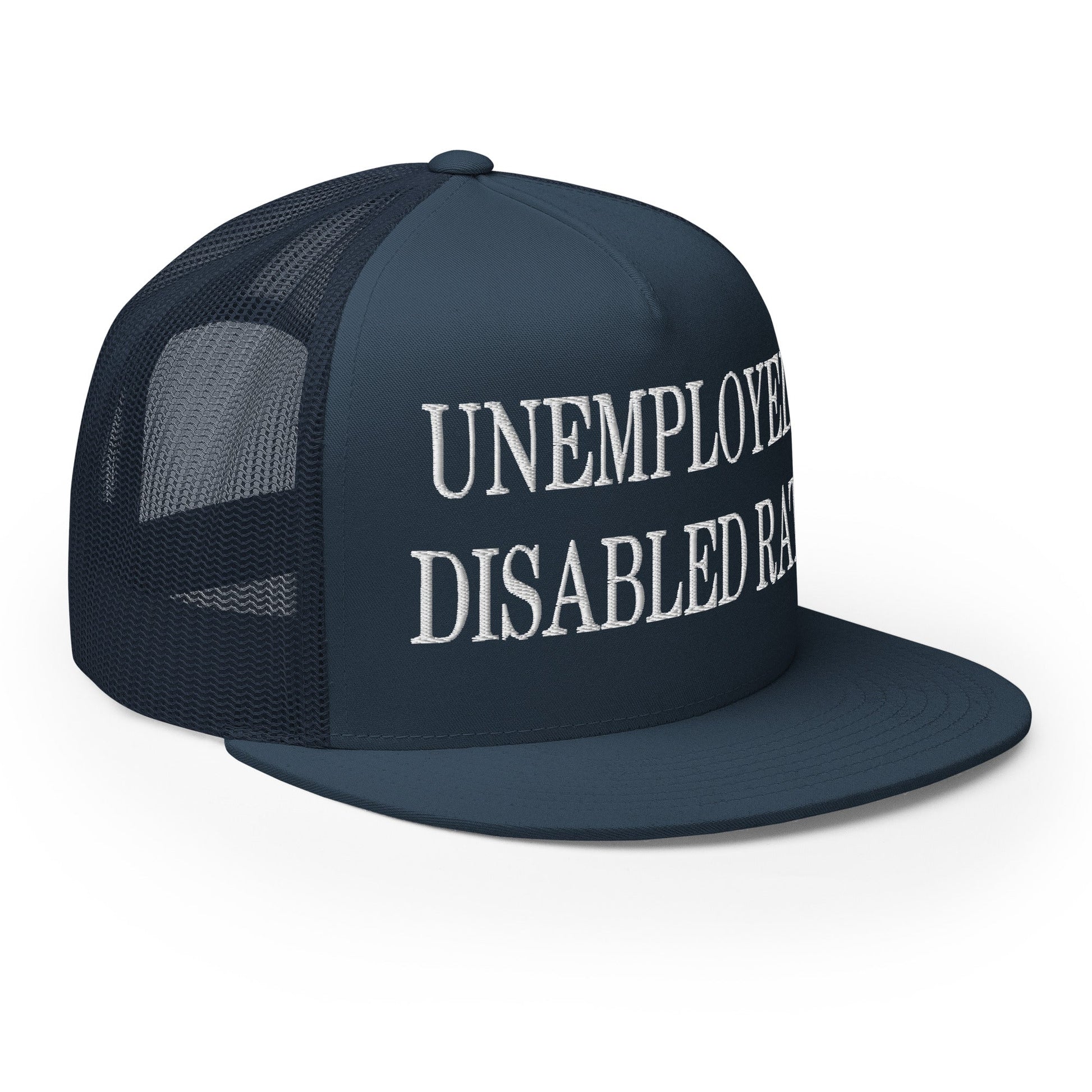 Unemployed Disabled Rat Embroidered Mesh Flat Bill Brim Trucker Hat Navy