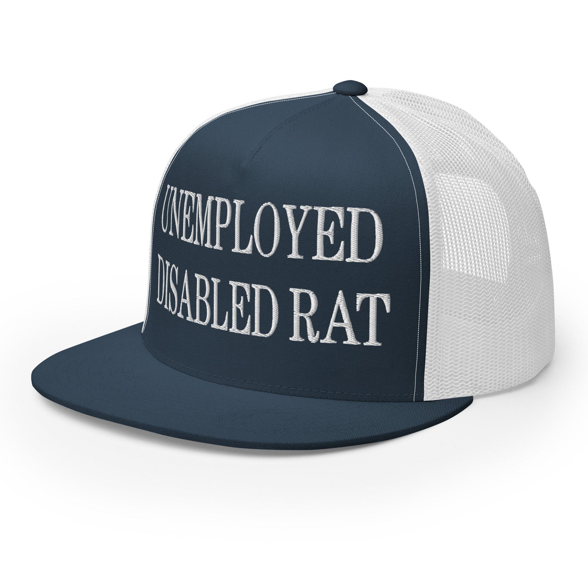 Unemployed Disabled Rat Embroidered Mesh Flat Bill Brim Trucker Hat Navy White