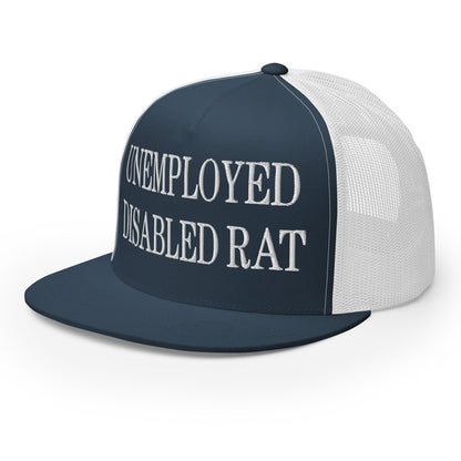 Unemployed Disabled Rat Embroidered Mesh Flat Bill Brim Trucker Hat Navy White