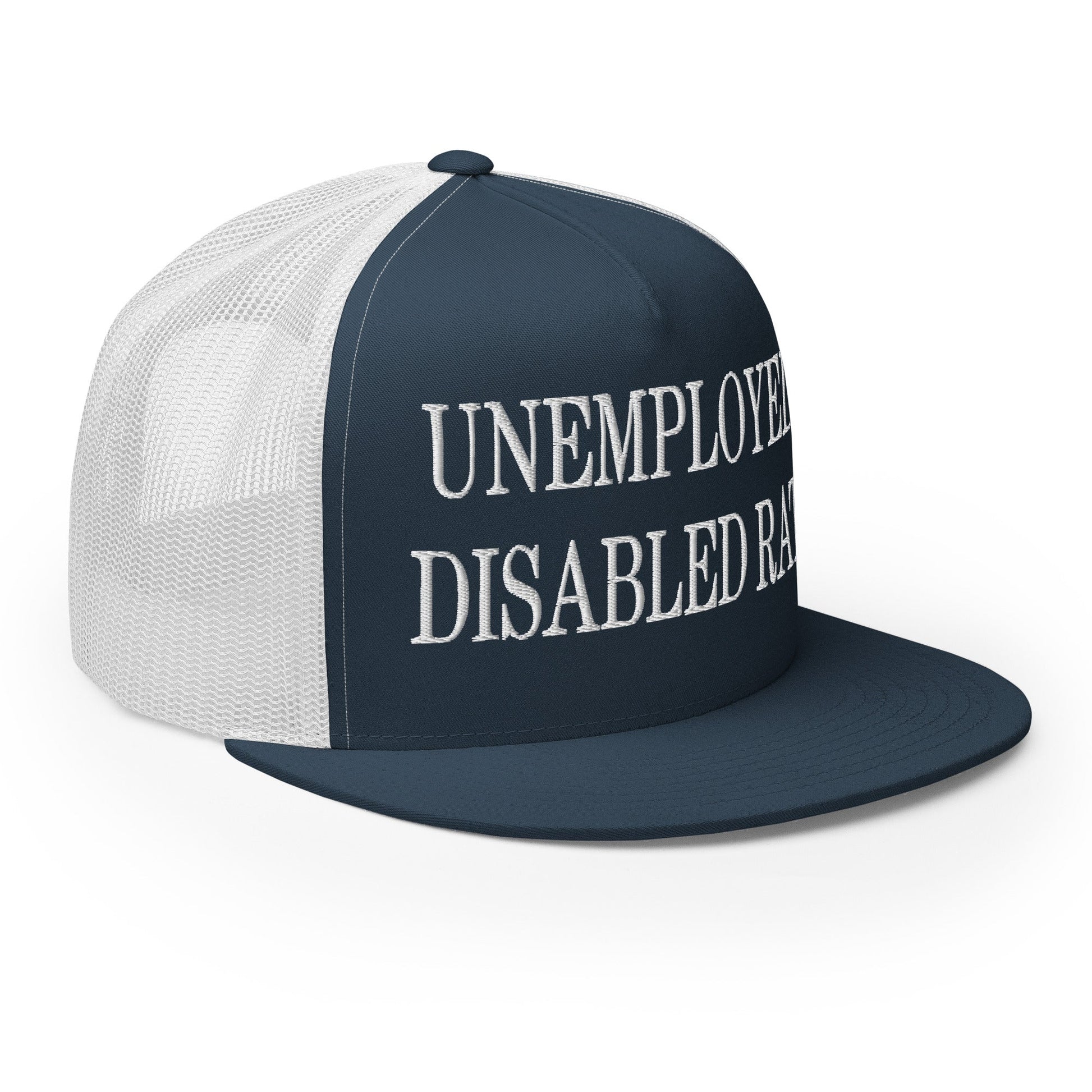 Unemployed Disabled Rat Embroidered Mesh Flat Bill Brim Trucker Hat Navy White