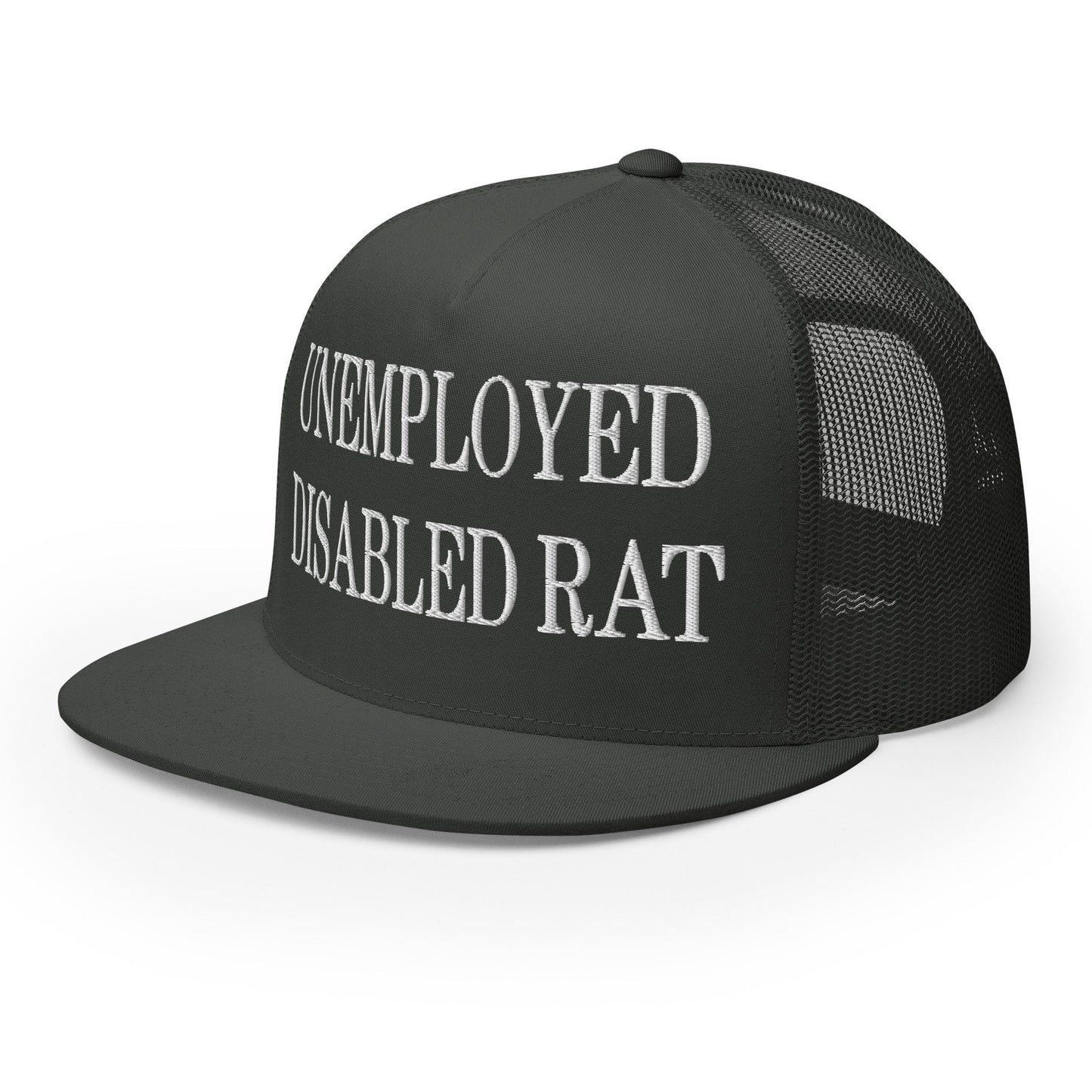 Unemployed Disabled Rat Embroidered Mesh Flat Bill Brim Trucker Hat Charcoal