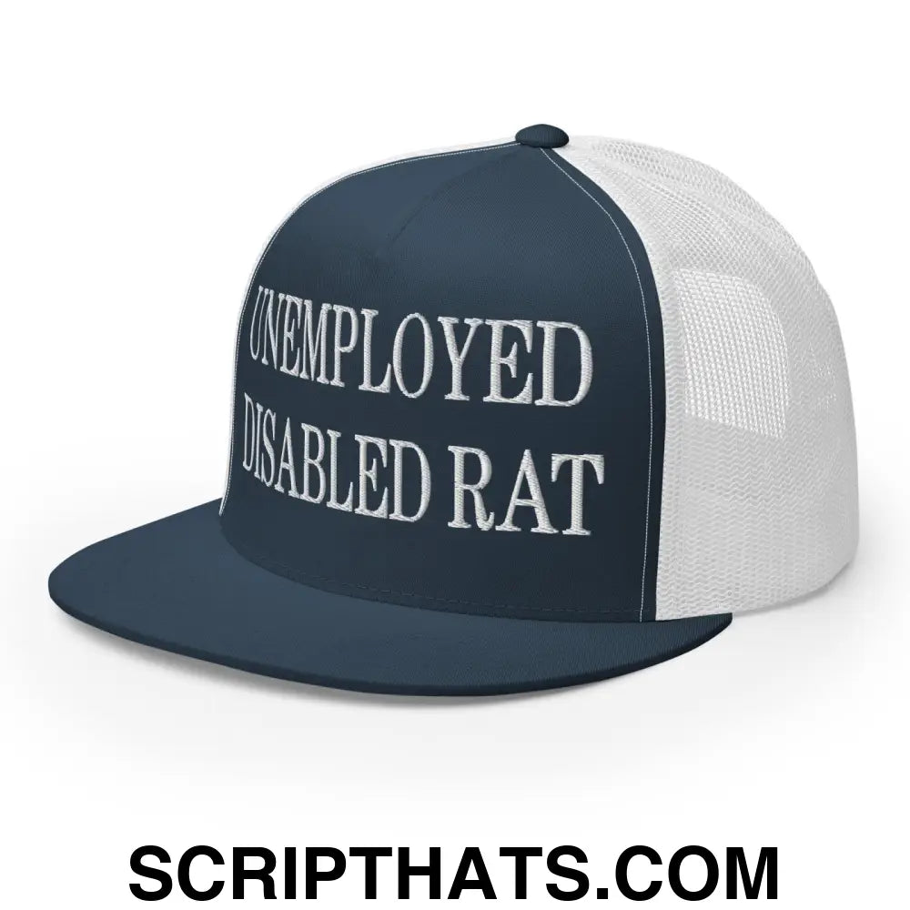 Unemployed Disabled Rat Embroidered Mesh Flat Bill Brim Trucker Hat Navy White