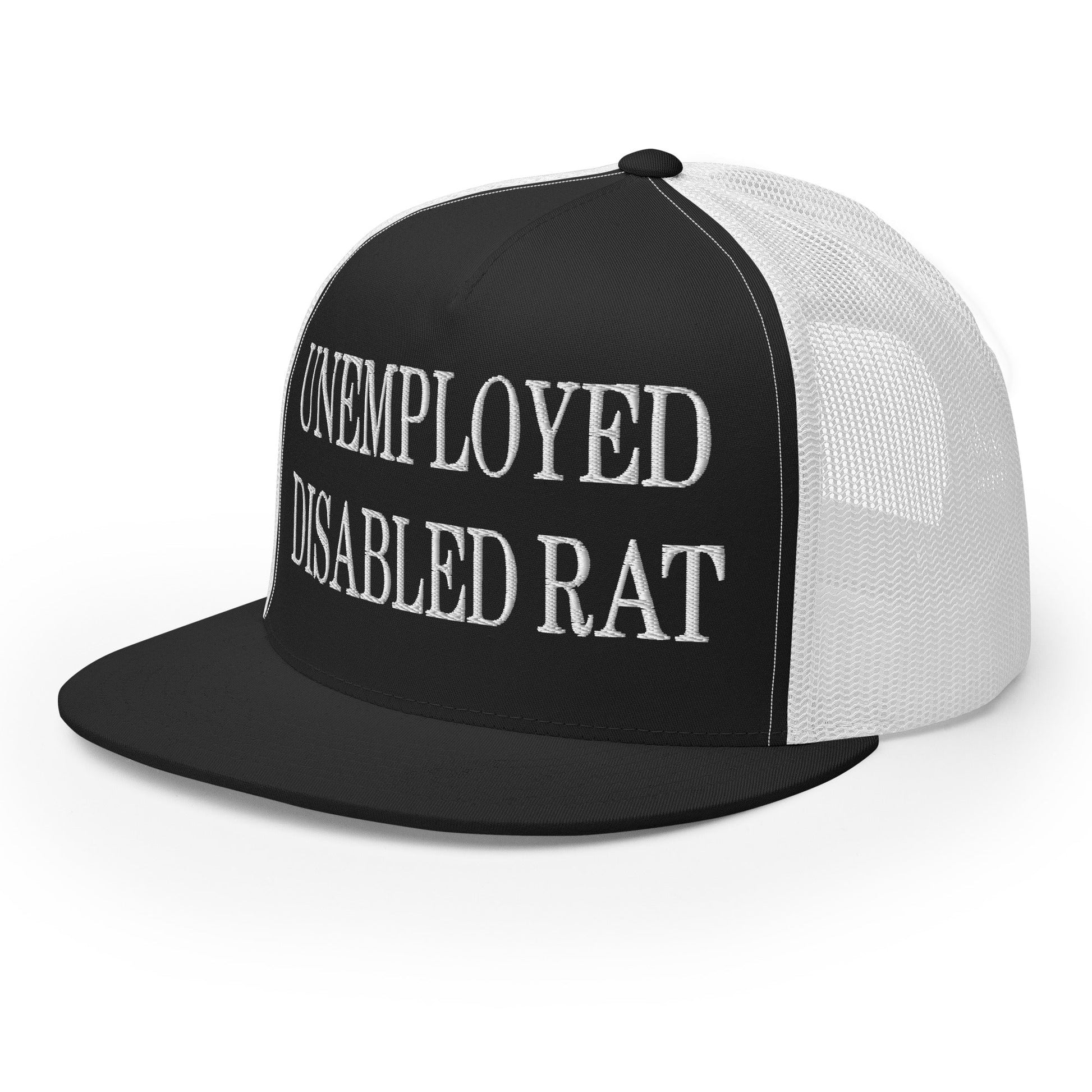 Unemployed Disabled Rat Embroidered Mesh Flat Bill Brim Trucker Hat Black White