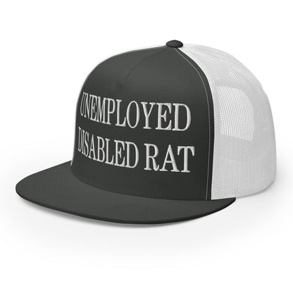 Unemployed Disabled Rat Embroidered Mesh Flat Bill Brim Trucker Hat Charcoal White