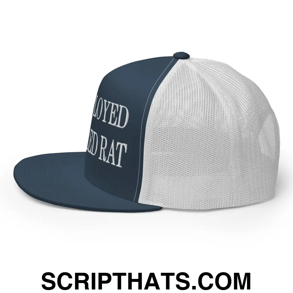 Unemployed Disabled Rat Embroidered Mesh Flat Bill Brim Trucker Hat Navy White