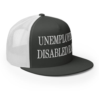 Unemployed Disabled Rat Embroidered Mesh Flat Bill Brim Trucker Hat Charcoal White