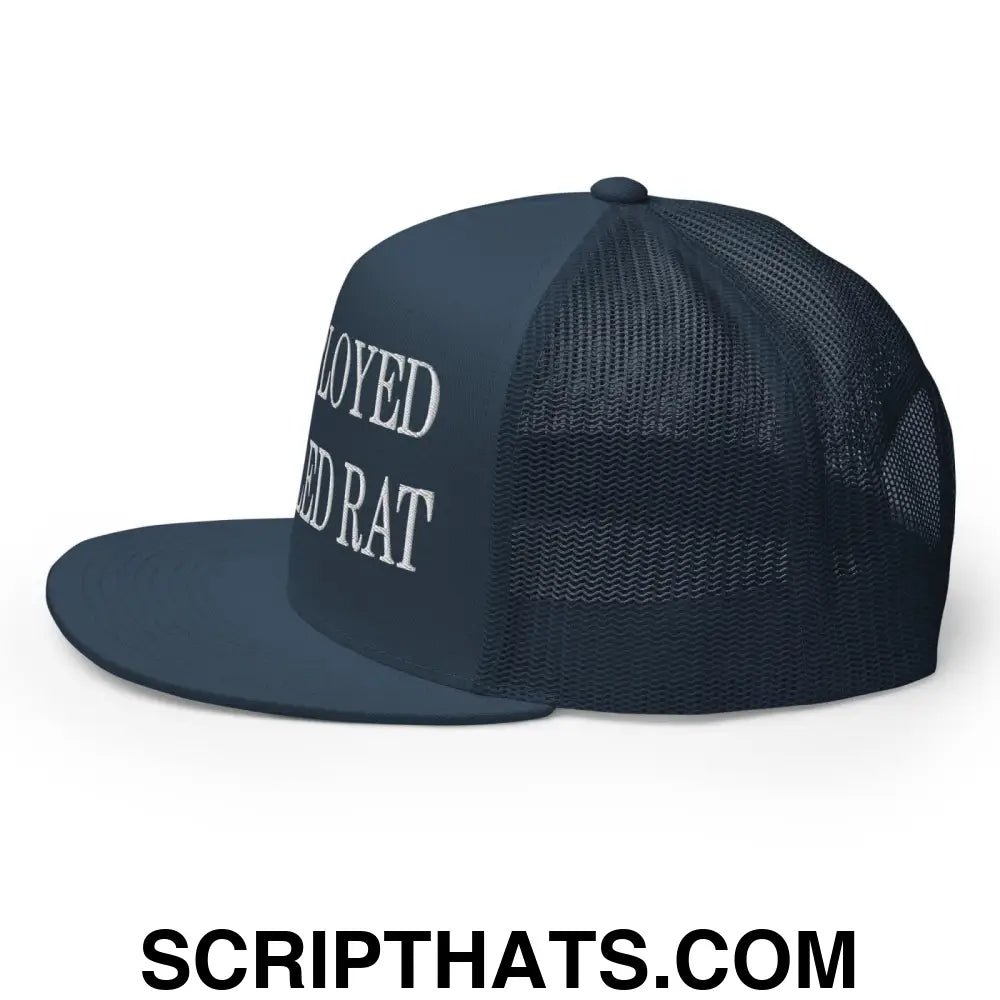 Unemployed Disabled Rat Embroidered Mesh Flat Bill Brim Trucker Hat Navy