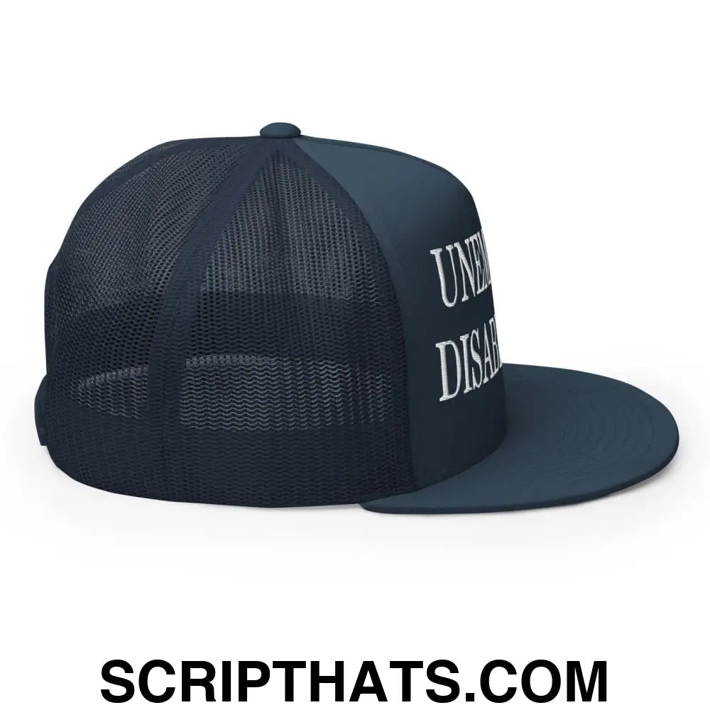 Unemployed Disabled Rat Embroidered Mesh Flat Bill Brim Trucker Hat Navy