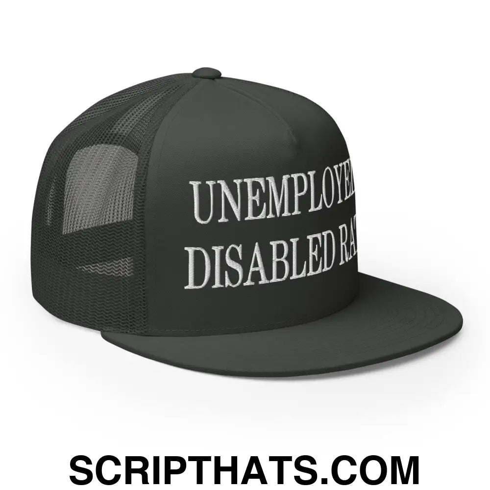 Unemployed Disabled Rat Embroidered Mesh Flat Bill Brim Trucker Hat Charcoal