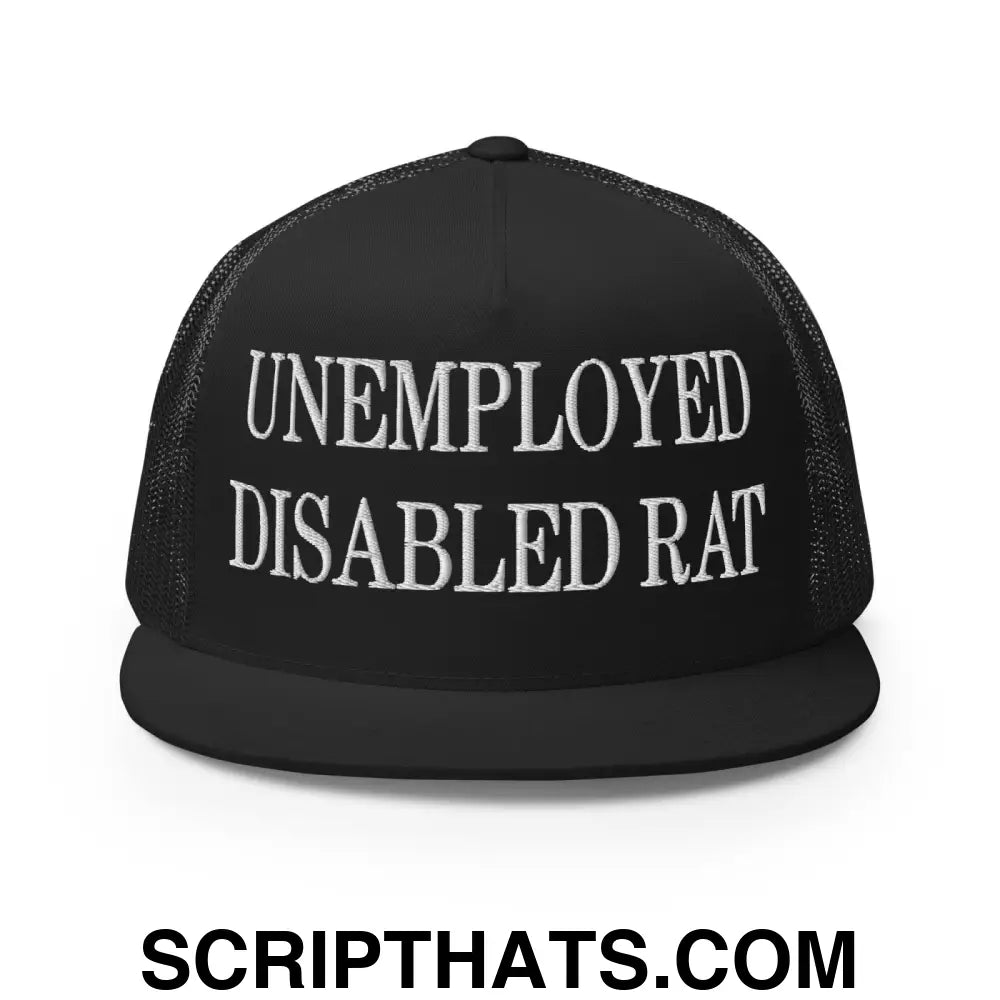 Unemployed Disabled Rat Embroidered Mesh Flat Bill Brim Trucker Hat Black